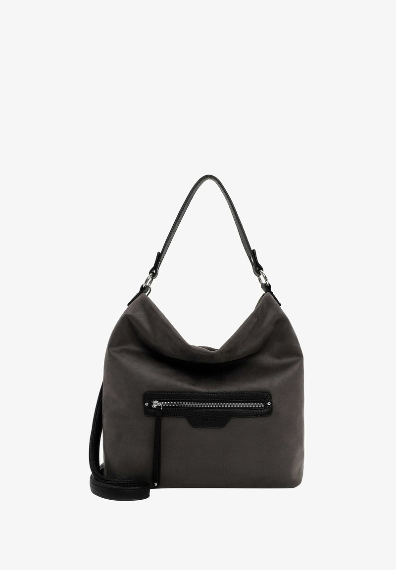 Szara torebka z materiału o swobodnym fasonie, z czarną kieszenią na zamek z przodu i pojedynczym paskiem na ramię. Gładka tekstura i minimalne zdobienia.