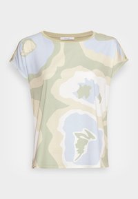 Haut léger à manches courtes dans des couleurs pastel avec des motifs floraux abstraits. Conception avec un col rond et une coupe décontractée. Texture douce.