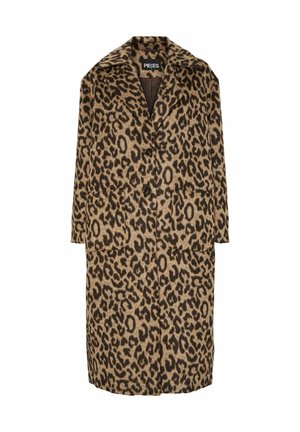Leopard print coat with brown and black patterns, front buttons, large lapel collar, side pockets, and a knee-length cut.