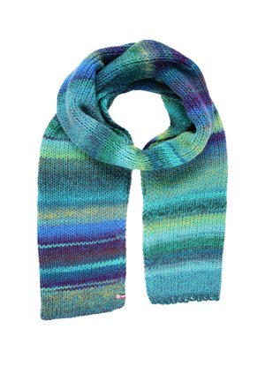 Écharpe tricotée multicolore dans des nuances de bleu, vert et violet avec une texture douce. Présente un tissage lâche et de légères rayures horizontales.