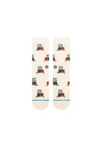 Cream-colored socks featuring a pattern of cherries with green leaves and blue accents. The toes have a blue stripe with the brand name.