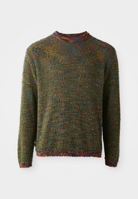 Knit sweater in dark green with a textured pattern, featuring multicolored flecks and a ribbed neckline and cuffs.