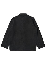 Giacca nera strutturata con colletto, maniche lunghe e taglio dritto. Non presenta chiusure visibili né dettagli decorativi sul retro.