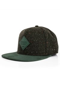 Zelena i smeđa točkasta vuna snapback kapa s ravnim vizorom, koja na prednjoj strani ima dijamantni zeleni amblem s detaljem logotipa.