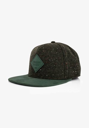 Zöld és barna foltos gyapjú snapback sapka lapos karimával, elöl diamond alakú zöld folttal a logó részlettel.