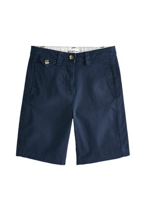 Navy blue chino shorts with buttoned front, belt loops, side pockets, and a small flap pocket on the right side.