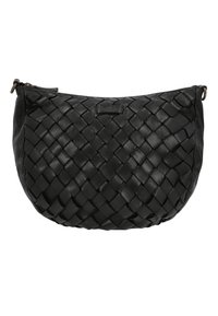 Black leather clutch bag with woven pattern and zipper closure at top, rounded bottom edges, and small leather logo patch in center.