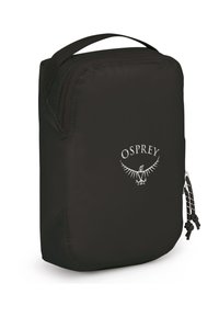 Zwarte inpakcube met een gladde nylon textuur, voorzien van een Osprey-logo in het wit, een ritsafsluiting en een handvat aan de bovenkant voor eenvoudig transport.