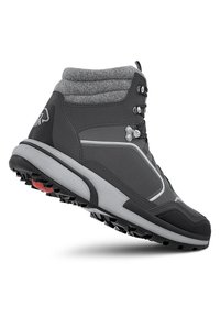 Hohe graue Wanderschuhe mit einem strukturierten grauen Kragen, silbernen Akzenten und einer robusten Gummisohle mit tiefen Profilen für besseren Halt.