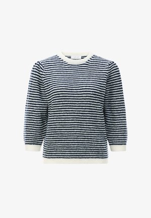 Maglione a righe navy e bianche in maglia con scollatura a girocollo, maniche a tre quarti e polsini e orlo a costine. Materiale morbido e testurizzato.