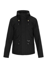 Zwarte jas met capuchon, voorzien van zakken aan de voorkant, verstelbare koordjes en een gladde textuur. Eenvoudig ontwerp, geschikt voor diverse omstandigheden.