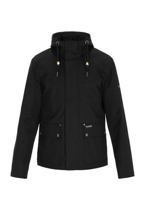 Jachetă neagră cu glugă, cu buzunare frontale, șnururi ajustabile și textură netedă. Design simplu, potrivit pentru diverse condiții.