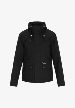 Jachetă neagră cu glugă, cu buzunare frontale, șnururi ajustabile și textură netedă. Design simplu, potrivit pentru diverse condiții.