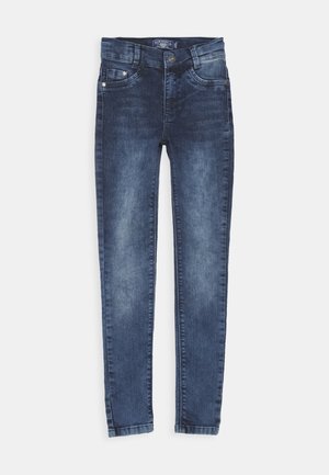 Donkerblauwe denim jeans met een slim fit, met vervagingsdetails, twee voorzakken en een knoopsluiting in de taille.