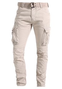 Beige cargobroek gemaakt van een katoenmengsel, met meerdere zijzakken, een rechte pasvorm en een gestructureerde stof met een geweven riem.