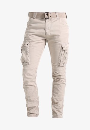 Beige cargo bukser lavet af en bomuldsblanding, der har flere sidelommer, en lige pasform og et struktureret stof med et vævet bælte.