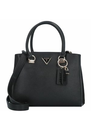 Black textured leather Guess handbag with dual handles, detachable shoulder strap, silver logo plaque, and decorative keychain charms.