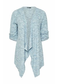 Ljusblå cardigan gjord av mjukt tyg, med öppen framsida, trekvartslånga ärmar och en flödande, asymmetrisk nederkant med ribbad textur.