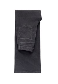 Jean en denim gris foncé posé à plat, avec une seule poche arrière en forme hexagonale et des ourlets retroussés. Le tissu semble solide et texturé.