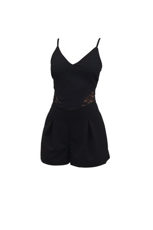 Zwarte romper met spaghettibandjes, v-hals, kanten zijpanelen en geplooide shorts. Soepele textuur, nauwsluitend ontwerp.