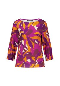Paarse, oranje en crèmekleurige bloemenpatroon blouse met driekwart mouwen en gerimpelde manchetten; gemaakt van luchtige stof met een ronde halslijn.