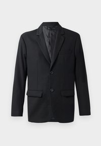 Czarny żakiet wykonany z gładkiego materiału, z klapami w kształcie notcha, dwoma przednimi kieszeniami i dwiema guzikami. Slim fit o minimalistycznym designie.