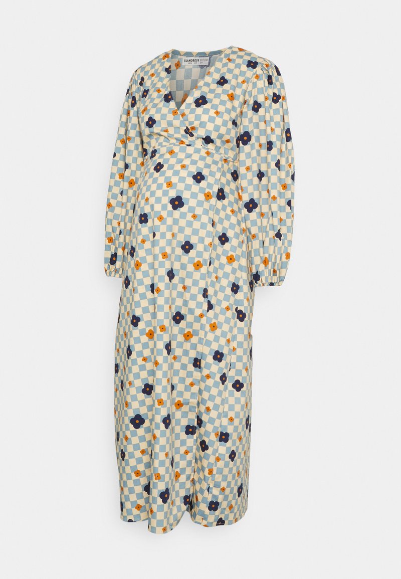 Vestido de maternidade com decote em V, mangas bufantes longas e um padrão floral em xadrez nas cores azul, laranja e creme. Design de comprimento médio.