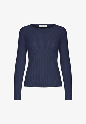 Tumedatest sinine ribadega pikkade varrukatega kampsun ümmarguse kaelusega ja kitsas siluett.