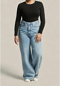 Černý top s dlouhým rukávem spojený s vysokým pasem světlých modrých džínů s rozšířenými nohavicemi, vybavený zapínáním na knoflíky a zip a minimalistickým designem.