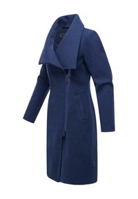 Manteau en mélange de laine dans un bleu marine foncé, avec un large col rabattu, fermeture éclair, poches latérales et détail de marque sur la manche.