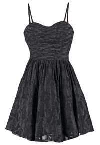 Robe noire sans manches avec fines bretelles, corsage ajusté froncé et jupe évasée ornée de motifs floraux scintillants subtils.