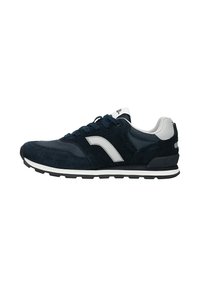 Sneaker in suede blu navy con tomaia in mesh, dettagli grigi, intersuola bianca e suola in gomma testurizzata per una migliore aderenza.