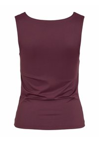 Top senza maniche bordeaux realizzato in un tessuto liscio e elasticizzato. Presenta un collo rotondo e una linea aderente senza cuciture visibili o decorazioni.