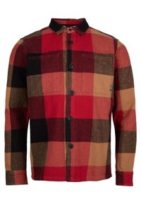 Punainen, ruskea ja musta ruudullinen flanellipaita, jossa on kaulus, nappikiinnitys etupuolella, kaksi rintataskua ja pitkät hihat.