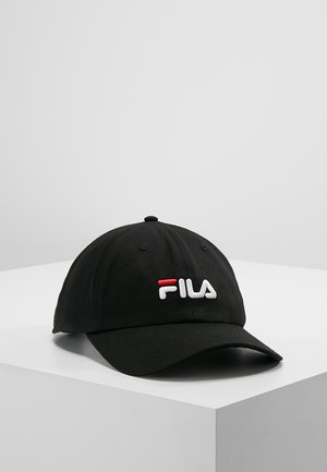 Black baseball cap made of cotton with a curved brim, featuring a white embroidered "FILA" logo and red accent on the front.