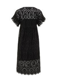 Robe noire mi-longue aux genoux avec manches courtes et motifs complexes en dentelle à œillets sur toute la surface, avec bords festonnés aux manches et à l'ourlet.