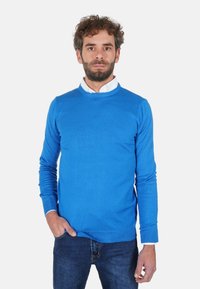 Maglione blu lavorato a maglia con maniche lunghe, scollo rotondo, polsini e orlo a coste, indossato sopra una camicia bianca con colletto, abbinato a jeans scuri.