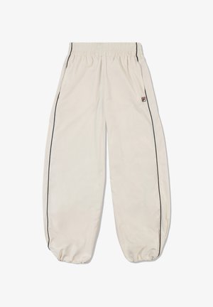 Light beige, elastic-waist jogger pants with black side piping. Made of smooth fabric, featuring gathered cuffs and a small logo patch.