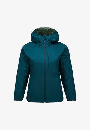 Blågrøn vandtæt jakke med frontlynlås, hætte, lange ærmer og en brystlomme på venstre side, designet til udendørs brug.