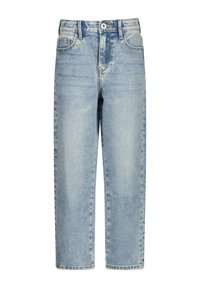 Jeans in denim azzurro chiaro con un taglio dritto, dotati di cinque tasche, chiusura con bottone e aree sbiadite per un aspetto usurato.