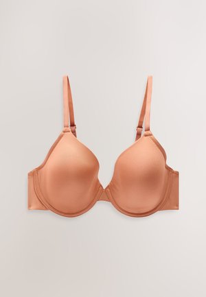 Modro rjava nedrček z žico, gladkimi, brezšivnimi skodelicami, nastavljivimi naramnicami in stranskimi krilci iz mehkega, raztegljivega materiala.