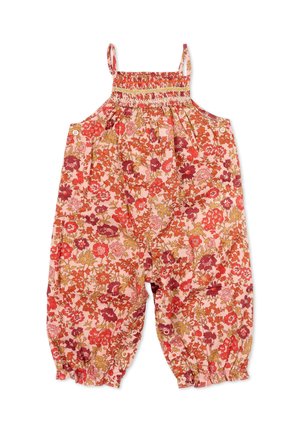Tutina senza maniche per bambino piccolo con motivo floreale rosa, rosso e arancione, corpetto arricciato, spalline regolabili, dettagli con bottoni alle gambe e polsini elasticizzati.