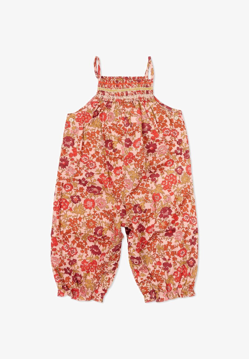 Barboteuse sans manches pour tout-petit avec motif floral rose, rouge et orange, corsage froncé, bretelles réglables, détails à boutons aux jambes et poignets élastiques.