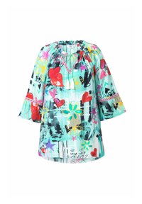 Blouse légère aquatique avec des motifs colorés de fleurs et de cœurs, un col rond, des manches froncées élastiques et des glands décoratifs.
