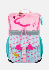 Rosa Rucksack mit einem plüschigen Flamingo oben, aquagrünem Boden mit pinken Flamingo-Mustern und pinken Akzenten. Silberne Beschläge und pinke Träger.