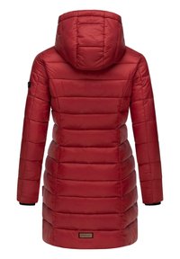 Red puffer jacket with a hood, featuring quilted horizontal sections, elastic cuffs, and a logo patch at the hem. Smooth, shiny texture.