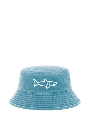 Light blue denim bucket hat with a white outline of a shark centered on the front side.