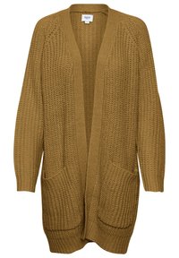 Sweter kardigan w kolorze musztardowym. Otwarty przód, długie rękawy oraz dwie duże kieszenie. Teksturowana tkanina z prążkowanymi ściągaczami.