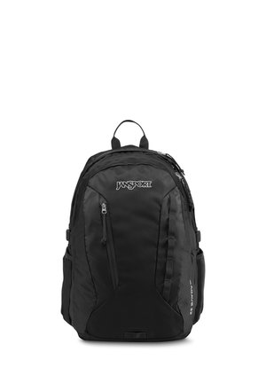 Sac à dos Jansport noir avec plusieurs compartiments zippés, poches latérales et une poignée supérieure, présenté sur un fond blanc.