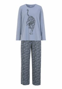 Vaaleansiniset puuvillapih pajama-housut, joissa on pitkät hihat. Yläosassa on musta tiikeri -kuvio, ja housuissa on musta seepra-raita kuvio.